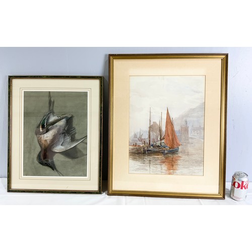 19 - TWO WATERCOLOURS EACH HAVING MONOGRAM MEC ONE DEPICTING A DEAD GAME BIRD, THE OTHER FISHING BOATS