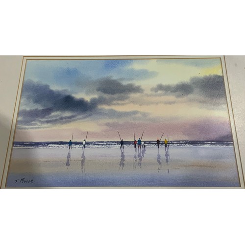 20 - WATERCOLOUR WITH SIGNATURE T MOORE DEPICTING FISHERMEN ON A BEACH, 1 OTHER DEPICTING A WOODLAND STRE... 