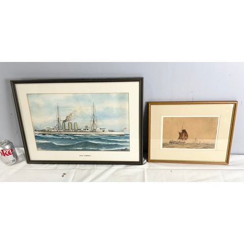 22 - WATERCOLOUR WITH SIGNATURE A.J.PAUL DATED 1928 DEPICTING HMS CORNWALL AND ONE OTHER