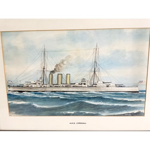 22 - WATERCOLOUR WITH SIGNATURE A.J.PAUL DATED 1928 DEPICTING HMS CORNWALL AND ONE OTHER