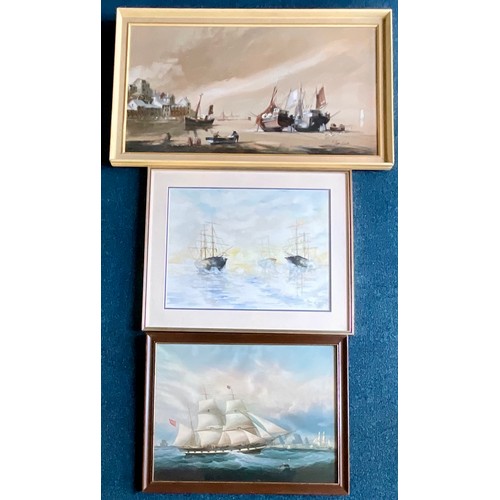 26 - COLLECTION OF THREE FRAMED PAINTINGS OF SHIPS, AN OIL BY TERRY BURKE, AN INDISTINCTLY SIGNED WATERCO... 