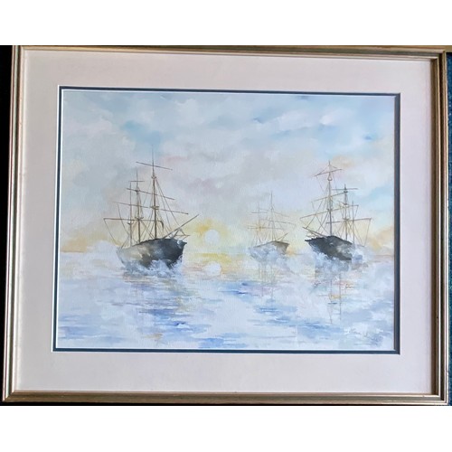 26 - COLLECTION OF THREE FRAMED PAINTINGS OF SHIPS, AN OIL BY TERRY BURKE, AN INDISTINCTLY SIGNED WATERCO... 