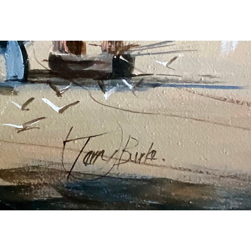 26 - COLLECTION OF THREE FRAMED PAINTINGS OF SHIPS, AN OIL BY TERRY BURKE, AN INDISTINCTLY SIGNED WATERCO... 