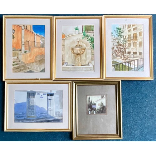 27 - FOUR WATERCOLOURS OF MEDITERRANEAN SCENES WITH P. GIL (OR PIGIL) SIGNATURE T/W A J WIENS PRINT