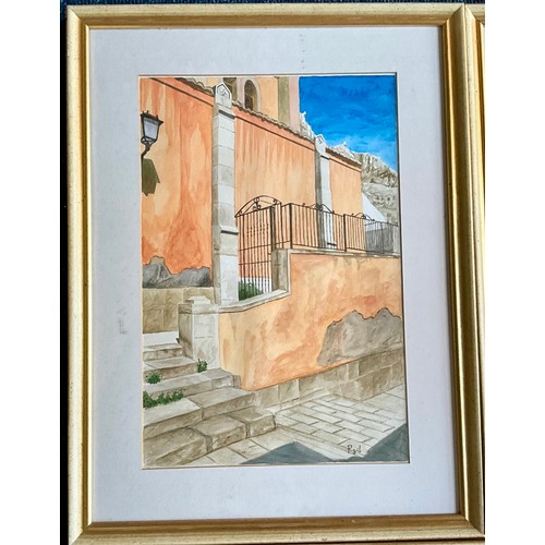 27 - FOUR WATERCOLOURS OF MEDITERRANEAN SCENES WITH P. GIL (OR PIGIL) SIGNATURE T/W A J WIENS PRINT