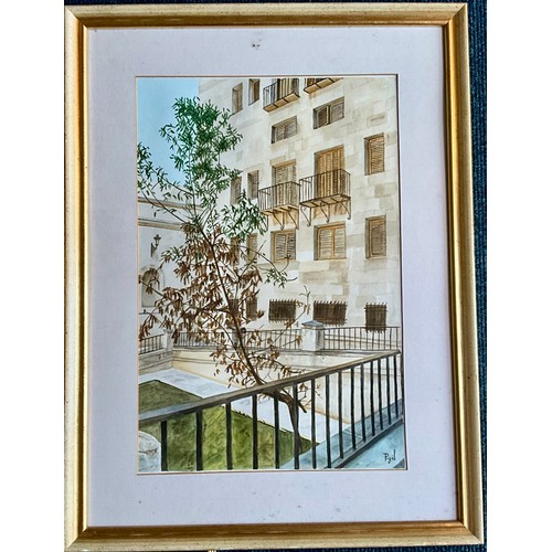 27 - FOUR WATERCOLOURS OF MEDITERRANEAN SCENES WITH P. GIL (OR PIGIL) SIGNATURE T/W A J WIENS PRINT