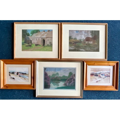 30 - 3 ORIGINAL FRAMED PASTEL LANDSCAPES BY LESLIE AUGUSTUS BELLIN CARTER AND 2 HUGH BRANDON COX PRINTS O... 