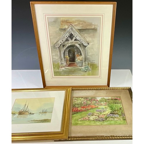 29 - ANN THISTLETHWAITE PASTEL DEPICTING A CHURCH ENTRANCE, A F WILKINSON WATERCOLOUR ‘ROEHAMPTON CLUB’ A... 