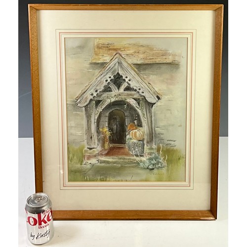 29 - ANN THISTLETHWAITE PASTEL DEPICTING A CHURCH ENTRANCE, A F WILKINSON WATERCOLOUR ‘ROEHAMPTON CLUB’ A... 