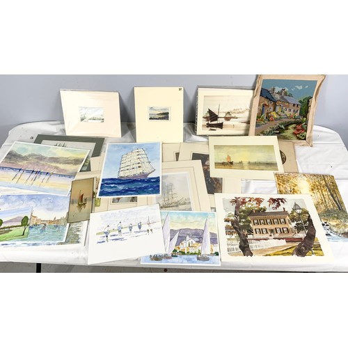 42 - QUANTITY OF UNFRAMED PAINTINGS , PICTURES & PRINTS