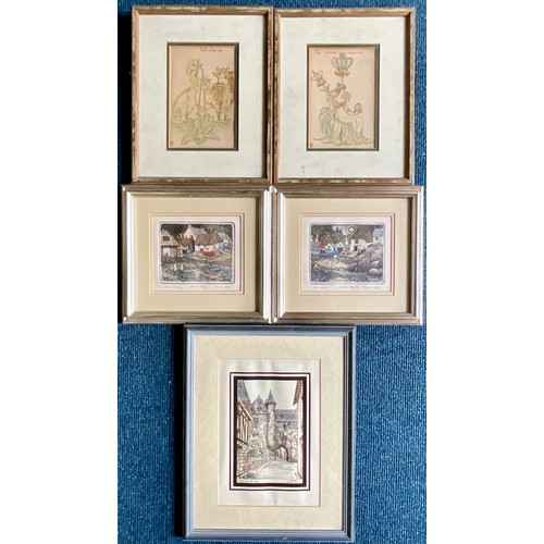 46 - A PAIR OF FRAMED ANDRE ELLIS ARTIST PROOFS, A PAIR OF WALTER CRANE LITHOGRAPHS AND A WES DUCOURTIOUX... 