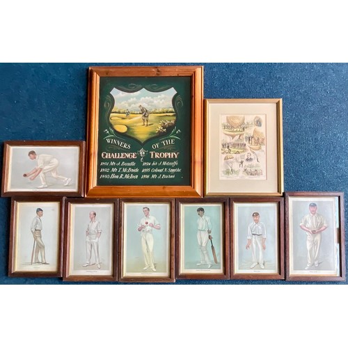 45 - COLLECTION OF FRAMED  PRINTS INCLUDING 7 'SPY' CRICKET PRINTS, WINNER OF THE CHALLENGE TROPHY GOLFIN... 