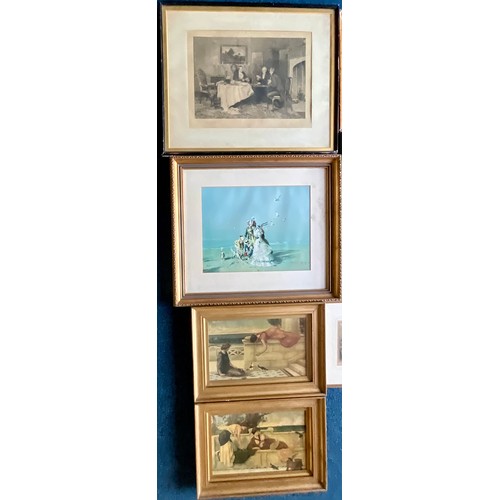 44 - MISC. SOCIAL SCENE PICTURES FRAMED, A PRINTED ANTIQUE PLATE USING OIL COLOURS BY G. BAXTER AND ANOTH... 