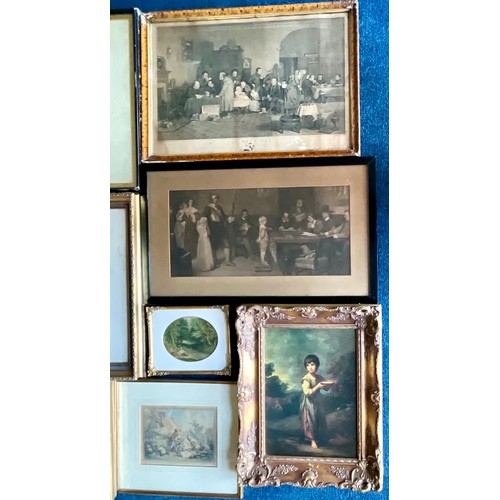 44 - MISC. SOCIAL SCENE PICTURES FRAMED, A PRINTED ANTIQUE PLATE USING OIL COLOURS BY G. BAXTER AND ANOTH... 