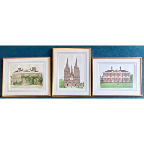 51 - DAVID GENTLEMAN , THREE SIGNED LIMITED EDITION PRINTS TITLED ' THE PALACE, LICHFIELD ' NO.32/150, ' ... 