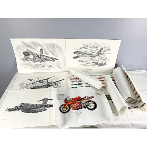 60 - QUANTITY OF MOTOR RACING POSTERS & AIRPLANE PRINTS ETC