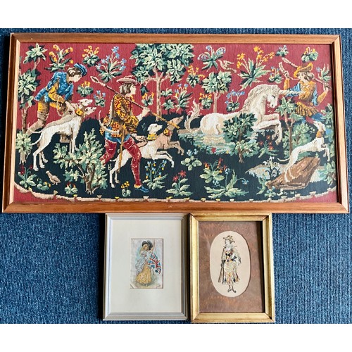 62 - FRAMED NEEDLEPOINT TAPESTRY DEPICTING A MEDIEVAL UNICORN HUNT, Approx. 102 x 52cm, A FRAMED EMBROIDE... 