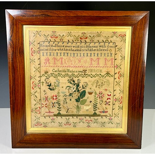 64 - FRAMED VICTORIAN SAMPLER - CATHERINE MAILER AGED 11 1842 OR 1892? Approx. 42 x 39cm