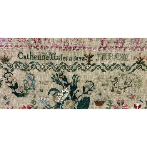 64 - FRAMED VICTORIAN SAMPLER - CATHERINE MAILER AGED 11 1842 OR 1892? Approx. 42 x 39cm