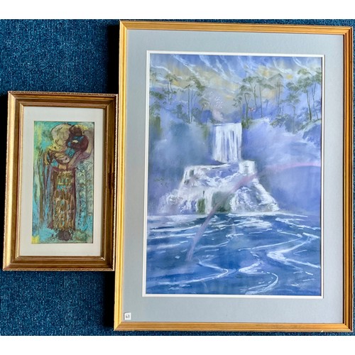 31 - PAINTING DEPICTING MADONNA AND CHILD AND LARGE PASTEL DEPICTING A WATERFALL, BOTH INDISTINCTLY SIGNE... 