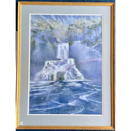 31 - PAINTING DEPICTING MADONNA AND CHILD AND LARGE PASTEL DEPICTING A WATERFALL, BOTH INDISTINCTLY SIGNE... 