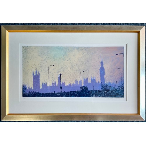 55 - LARGE SIGNED ROLF HARRIS LIMITED EDITION PRINT DEPICTING LONDON SKYLINE, APPROX. 76 X 38 cm (good fr... 