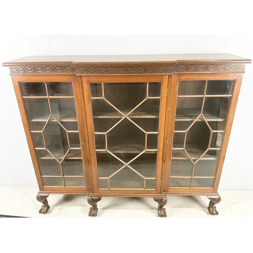 689 - BREAK FRONT MAHOGANY ASTRAGAL GLAZED DISPLAY CABINET WITH BALL AND CLAW FEET WIDTH 145cm . 123cm TAL... 