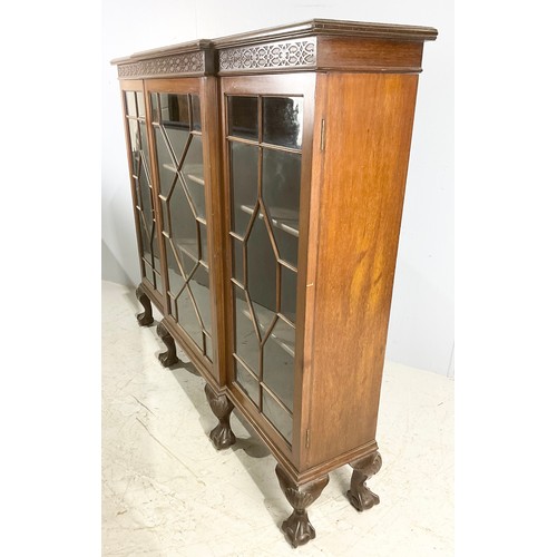 689 - BREAK FRONT MAHOGANY ASTRAGAL GLAZED DISPLAY CABINET WITH BALL AND CLAW FEET WIDTH 145cm . 123cm TAL... 