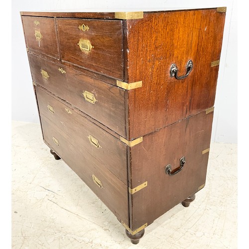 687 - MILITARY CHEST OF DRAWERS OF 2 OVER 2 DRAWERS BOTTOM DRAW ER DOUBLE SIZE ON TURNED FEET WITH CARRY H... 