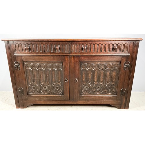 722 - OAK OLD CHARM STYLE DRESSER BASE / SIDEBOARD WITH CARVED LINEN FOLDS DRAWERS & CUPBOARDS WIDTH 151cm