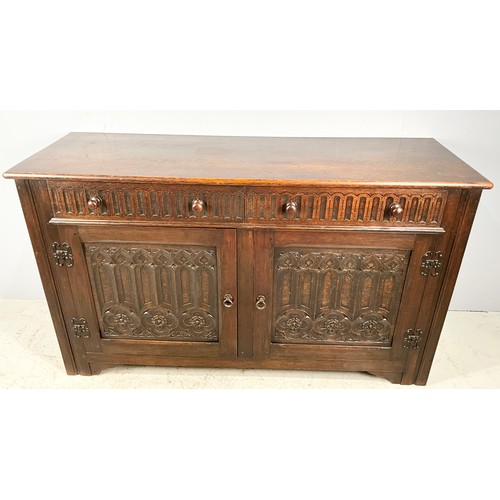 722 - OAK OLD CHARM STYLE DRESSER BASE / SIDEBOARD WITH CARVED LINEN FOLDS DRAWERS & CUPBOARDS WIDTH 151cm