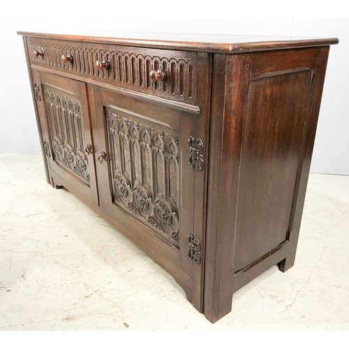 722 - OAK OLD CHARM STYLE DRESSER BASE / SIDEBOARD WITH CARVED LINEN FOLDS DRAWERS & CUPBOARDS WIDTH 151cm