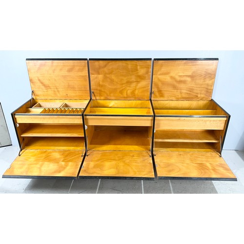 728 - LATE CENTURY MADE SIDEBOARD APPROX 205 CM LONG , OPENING TOPS AND FRONT DOORS, WITH ADDITIONAL SINGL... 