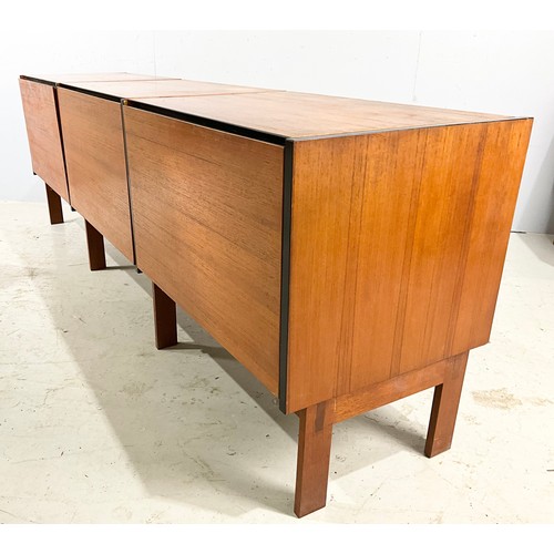 728 - LATE CENTURY MADE SIDEBOARD APPROX 205 CM LONG , OPENING TOPS AND FRONT DOORS, WITH ADDITIONAL SINGL... 