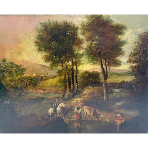 15 - 19th CENTURY OIL ON PANEL DEPICTING FIGURES IN A RURAL SCENE INC. MAN ON HORSEBACK AND FARM ANIMALS,... 