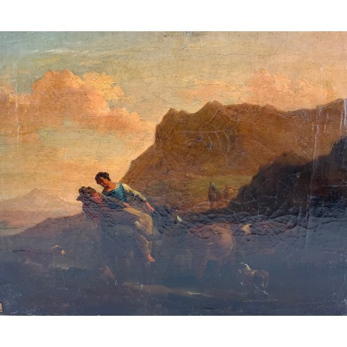 11 - 19th CENTURY OIL MOUNTED ON BOARD FIGURES AND ANIMALS IN A RURAL MOUNTAIN SCENE, APPROX. 35 X 28 cm