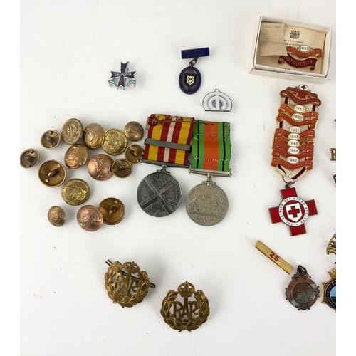 48 - DEFENCE MEDAL & FAITHFULL SERVICE MEDAL, RAF BADGES , ENAMEL BADGES, RED CROSS MEDAL & BADGES ETC