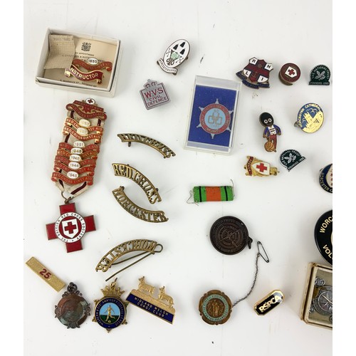 48 - DEFENCE MEDAL & FAITHFULL SERVICE MEDAL, RAF BADGES , ENAMEL BADGES, RED CROSS MEDAL & BADGES ETC