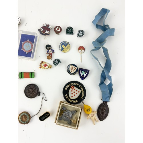 48 - DEFENCE MEDAL & FAITHFULL SERVICE MEDAL, RAF BADGES , ENAMEL BADGES, RED CROSS MEDAL & BADGES ETC