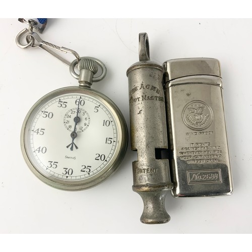 51 - SMITHS MILITARY STOPWATCH , A WINDPROOF LIGHTER & ACME SCOUT MASTER WHISTLE & 2 PAIRS OF VINTAGE OPE... 