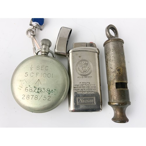 51 - SMITHS MILITARY STOPWATCH , A WINDPROOF LIGHTER & ACME SCOUT MASTER WHISTLE & 2 PAIRS OF VINTAGE OPE... 