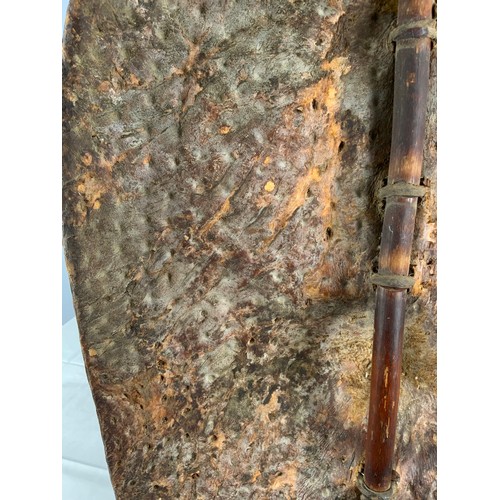 76 - TRADITIONAL TRIBAL SHIELD OF STRETCHED ANIMAL HIDE ON CENTRAL STAFF, POSSIBLY A DINKA / NUER  FROM S... 