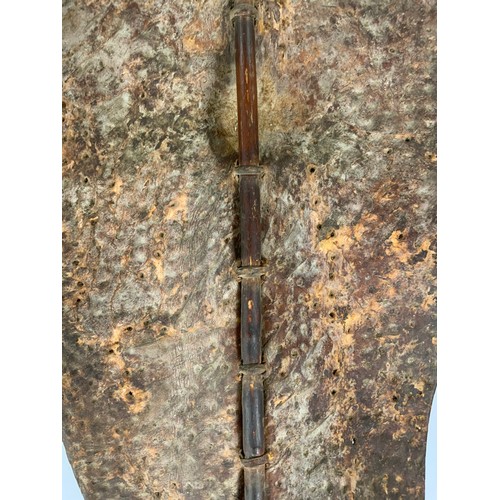 76 - TRADITIONAL TRIBAL SHIELD OF STRETCHED ANIMAL HIDE ON CENTRAL STAFF, POSSIBLY A DINKA / NUER  FROM S... 