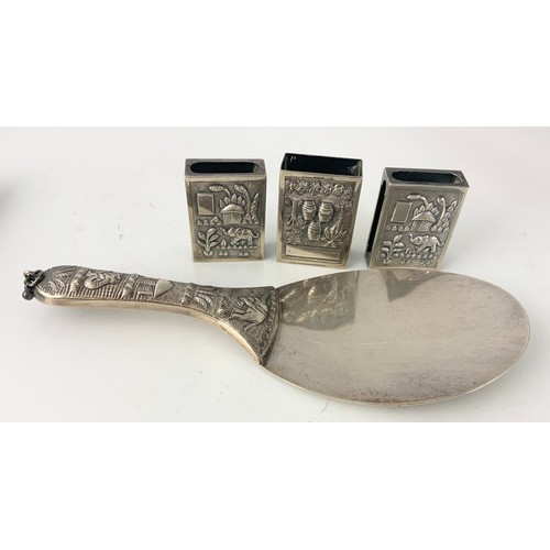 283 - 3 MATCHBOX COVERS  , A CAKE SLICE / KNIFE ALL STAMPED STERLING SILVER 224g WITH A SIMILAR  DESIGN CU... 