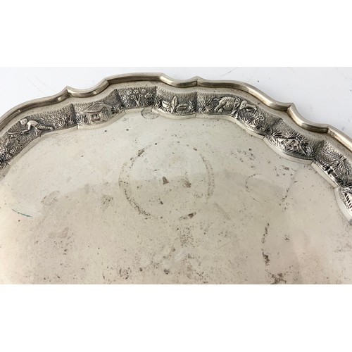 307 - STERLING SILVER TRAY WITH EMBOSSED DECORATION  AND PIE CRUST SHAPE STAMPED STERLING SILVER 792g