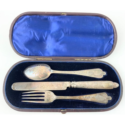 291 - CASED HALLMARKED JOHN TAYLOR LONDON 1867 3 PIECE CHRISTENING SET WITH BRIGHT CUT DECORATION 90g