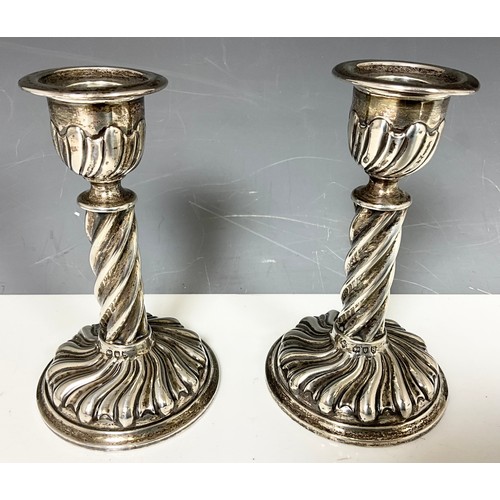 285 - PAIR OF HALLMARKED HORACE WOODWARD & CO LONDON  1893  ORNATE CANDLSTICKS 14cm TALL WEIGHTED  709g GR... 