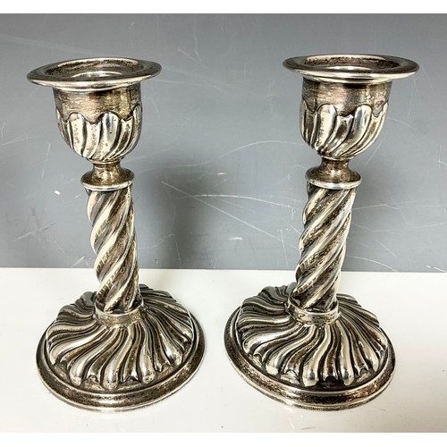 285 - PAIR OF HALLMARKED HORACE WOODWARD & CO LONDON  1893  ORNATE CANDLSTICKS 14cm TALL WEIGHTED  709g GR... 