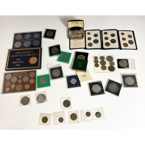 341 - MIXED BRITISH COINS WITH  CROWNS AND SILVER THREEPENCES , INTERESTING COINS  IN CASES ETC