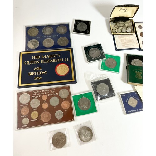 341 - MIXED BRITISH COINS WITH  CROWNS AND SILVER THREEPENCES , INTERESTING COINS  IN CASES ETC